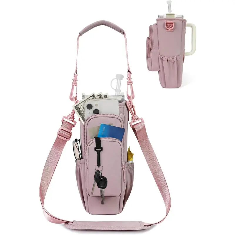 Sportsnew Insulated Crossbody Cup Tumbler Carrier Bag - Elastic Adjustable Shoulder Straps, Waterproof, Velcro Secure Fit for 40oz Tumblers, Insulated Inner, 2 Side Pockets, Phone Pocket, Straw Cover, for Hiking, Outdoor Activities
