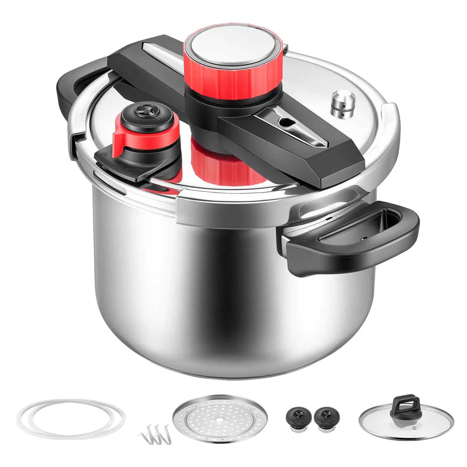 Pressure Cooker, 6.3Qt Pressure Cooker Stainless Steel, Pressures Canner with Steaming Rack, Tempered Glass Lid, Three Pressures Settings for Meat, Beans, Rice, Soup, Sauces, Cook up to 100 kPa
