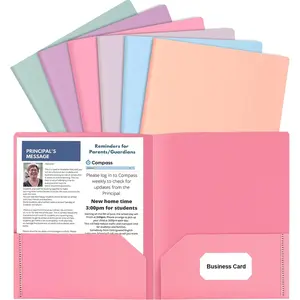 6 Colored File Folders with Pockets and Business Card Holder, Pastel Decorative Pocket Folders for Documents, Cute Plastic Folders for Filing Cabinet, School, Office, Resume Portfolio