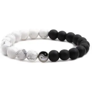 Fashion Men Women Taiji Yin Yang Feng Shui Charm Bracelet  White Turquoise and Black Beaded Couple Bracelets Friendship Distance Bracelet