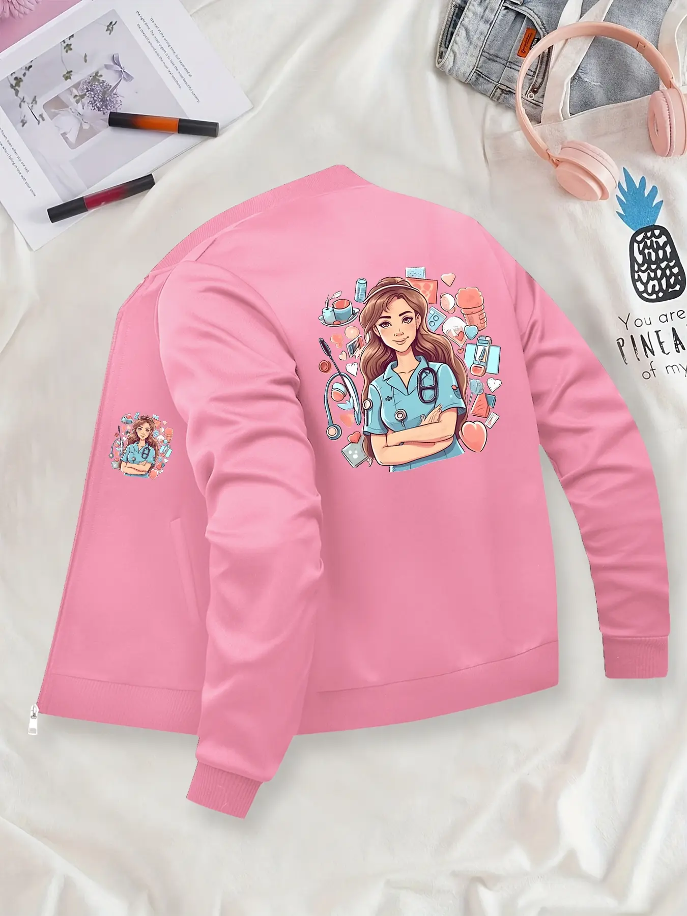 Women's Nurse Cartoon Printed Bomber Jacket - Polyester Knit Fabric with Pockets, Fitted Style for Autumn/Winter, Random Print Pattern Suitable for Young Adults.