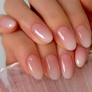 Almond Press on Nails Short Squoval Fake Nails Pink Ombre White False Nails with Glossy Press ons Designs Acrylic Nails Press on Artificial Nails Stick on Nails for Women 24Pcs