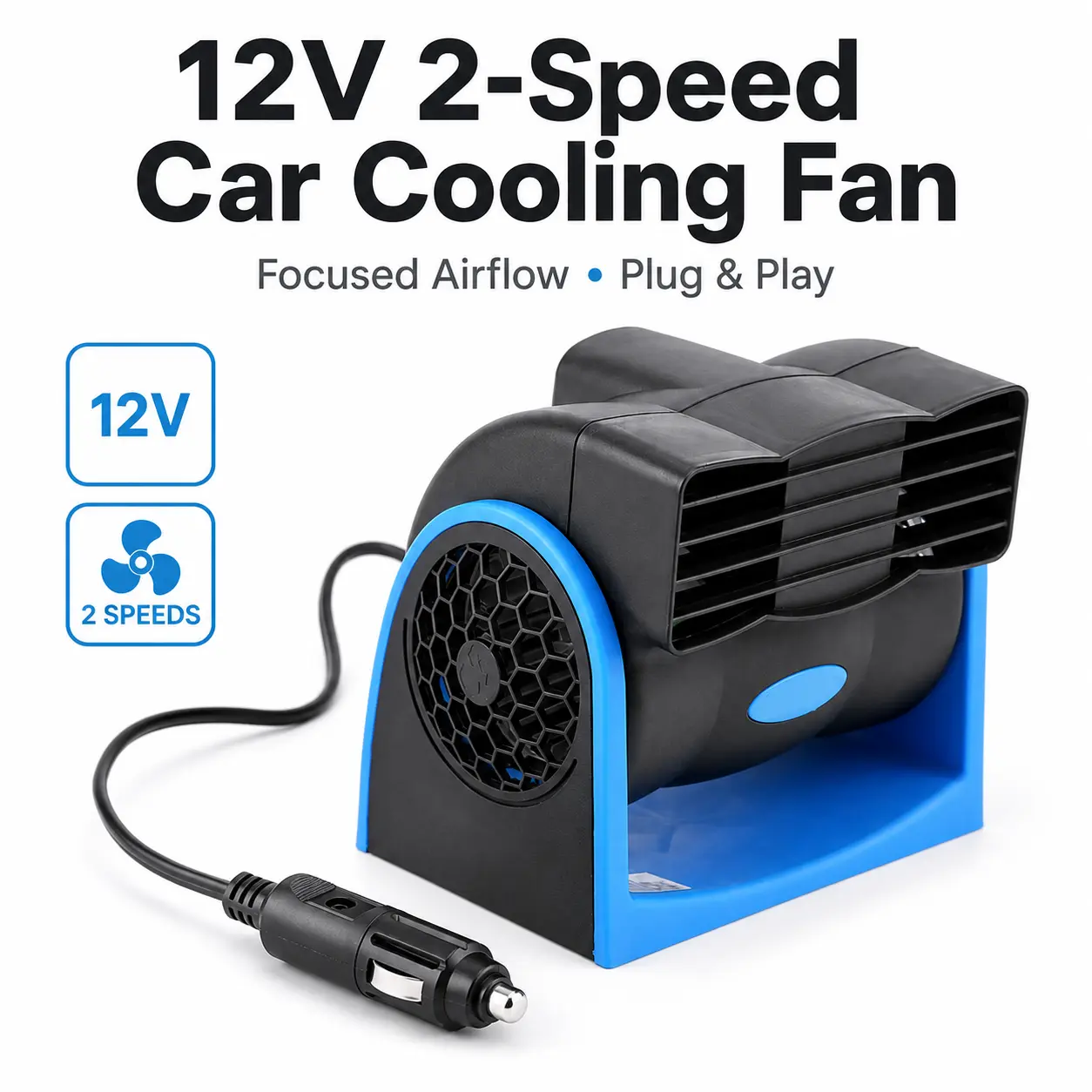 12V 2-Speed Car Cooling Fan, Adjustable Dashboard Air Circulator with 5.2FT Cord, Plug-In Compact Fan for Cars, SUVs, Trucks & RVs