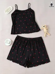 Plus Size Women's Knitted Cherry Print Sleeveless Spaghetti Strap Camisole and Shorts Pajama Set, Pjs, Casual Sleepwear for All Seasons, Comfortable & Stylish Loungewear Can be worn externally Womenswear