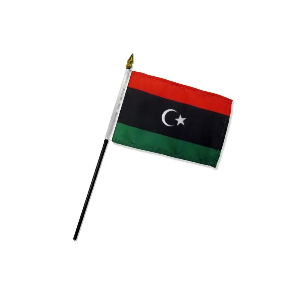1-Piece 4x6 in Libya Kingdom Stitched Edge Flag, 100% Polyester Festival Accessories Backdrop Banner, 10.5 in Stick with 3/16 in Diameter Plastic Gold Spear Finial, Home & Party Supplies for Desk Display & National Pride, 4X6 Inch