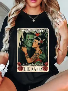 100% Cotton Unisex The Monster Frankenstein And Bride The Lovers Tarot Card T-Shirt