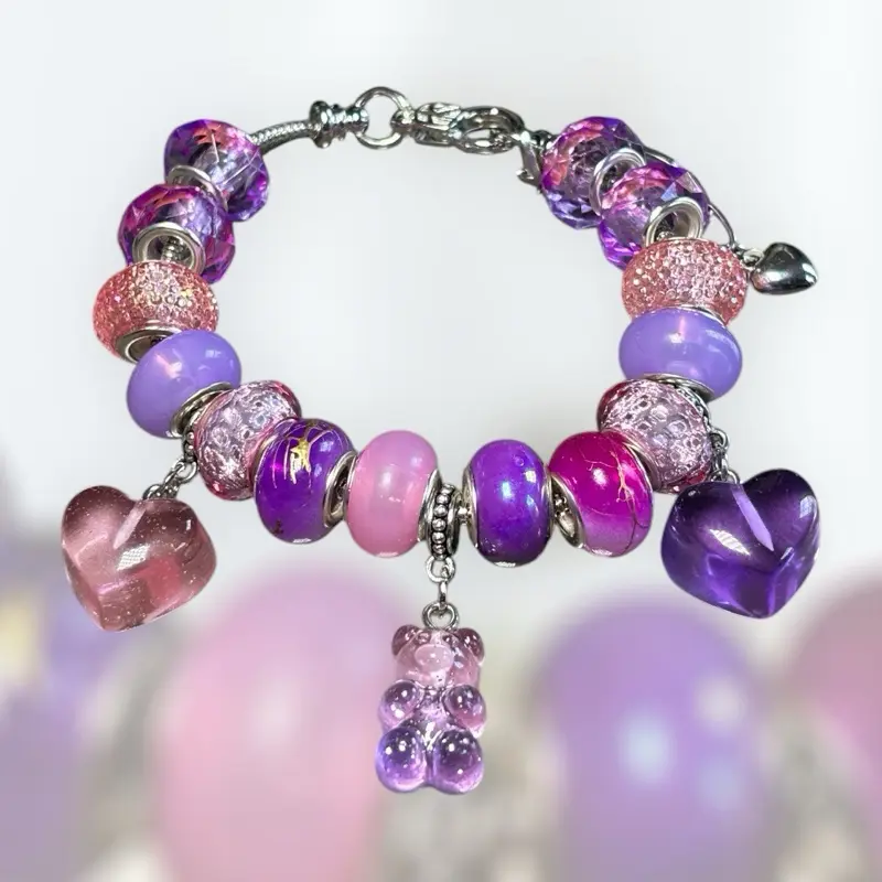 Bubblegum Beaded Bracelet with Heart Pendants and Colorful Beads