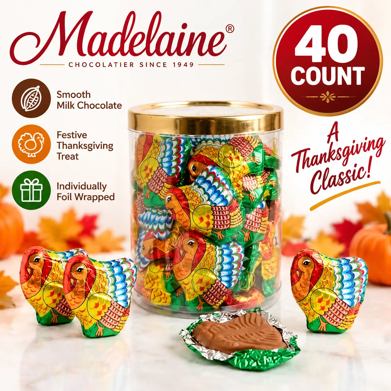 Madelaine Milk Solid Chocolate Mini Turkeys, 40-Count Mini Turkey Tubs, Thanksgiving Chocolate Candy Snacks