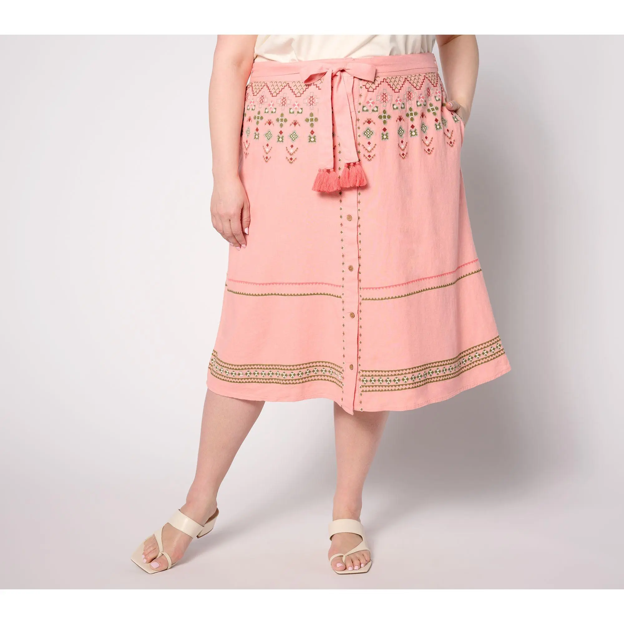 Denim & Co. Canyon Retreat Oasis Embroidered Linen Skirt