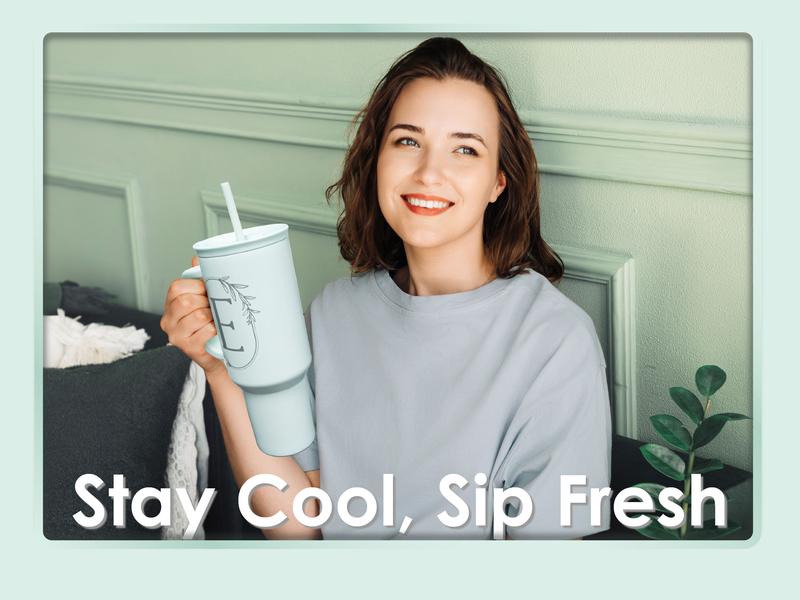 Sandjest Mint Personalized Initial 40oz Tumbler with Straw & Handle Stainless Steel Insulated Vacuum Cup, Home School Office, Christmas Birthday Gift