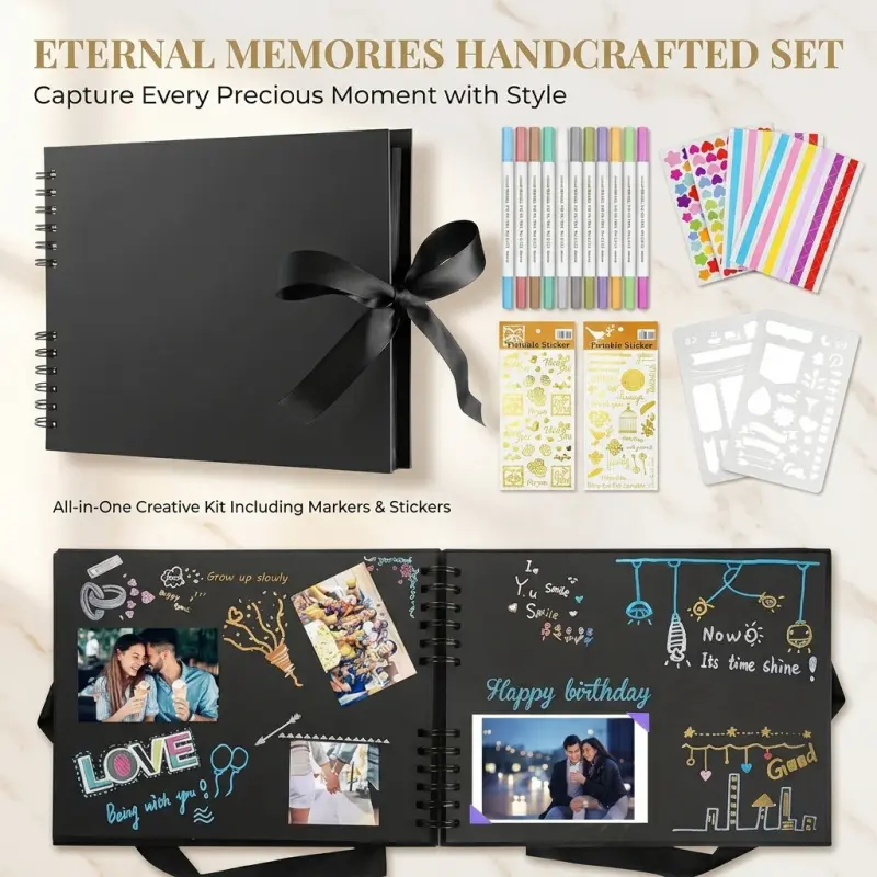 All-in-One Scrapbook Kit, Eternal Memories Handcrafted Photo Album Set with Markers, Stickers & Stencils, DIY Black Paper Scrapbook for Wedding, Travel & Birthday Memories