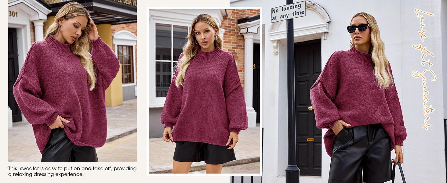 Imily Bela【Oversized】Womens Sweaters Mock Neck Batwing Long Sleeve Fall Trendy Ribbed Knit Casual Tunic Sweater