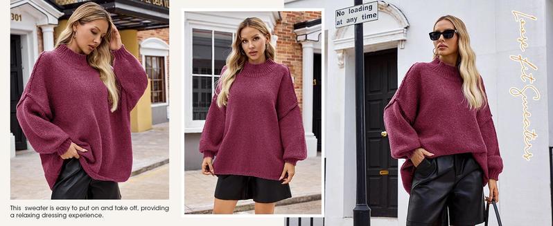 Imily Bela【Oversized】Womens Sweaters Mock Neck Batwing Long Sleeve Fall Trendy Ribbed Knit Casual Tunic Sweater