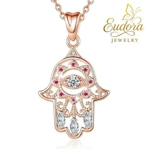 Eudora 925 Sterling Silver Hamsa Necklace Bracelet With Cubic Zirconia, Elegant Minimalist Symbolic Pendant Jewelry Gift For Women