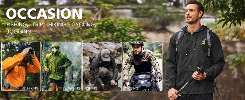 COOFANDY Men's Packable Jacket Outdoor Waterproof Hooded Lightweight Classic Cycling Raincoat for Hiking/Outdoor/Camping Fabric Menswear Zipper Breathable Relaxed Fit Long Sleeve Tops Athletic Outerwear Activewear Blazer