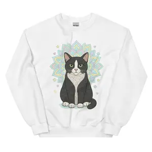 Tuxedo Cat Mandala Unisex Sweatshirt | Cozy Cat Lover Sweater | Zen Kitty Art | Cute Black & White Cat Pullover
