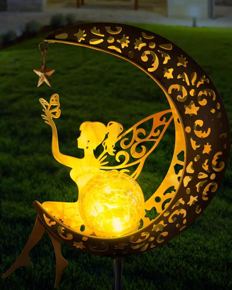 Solar Garden Statues Outdoor Decor Fairy Moon Figurine Light Stake, Housewarming Ornament for Patio, Lawn, Yard, Pathway, Unique Gift Ideas for Gardening Mom Grandma