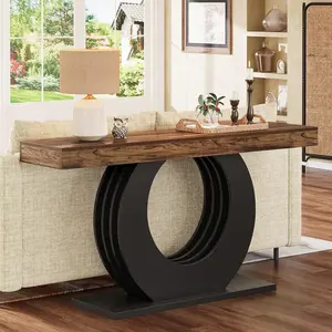 LITTLE TREE Wood Console Sofa Table, 63-Inch Rustic Industrial Farmhouse Entryway Table, Narrow Long Couch Console Behind Sofa with Black Circle Base for Living Room Hallway