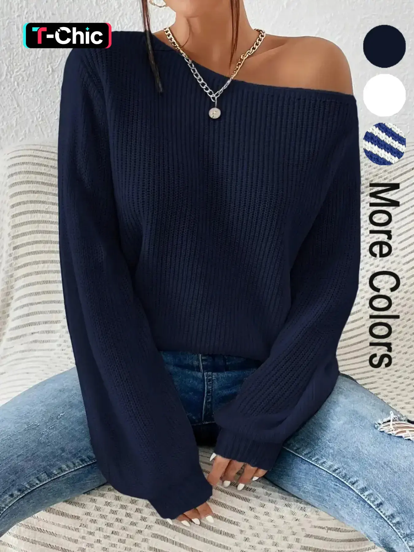 Women's Plain Asymmetrical Neck Lantern Sleeve Sweater, Casual Long Sleeve Jumper for Spring & Fall, Fashion Women's Knitwear for Daily Wear, Fall Tops, Basic