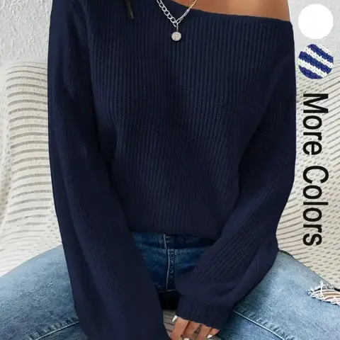 Women's Plain Asymmetrical Neck Lantern Sleeve Sweater, Casual Long Sleeve Jumper for Spring & Fall, Fashion Women's Knitwear for Daily Wear, Fall Tops, Basic