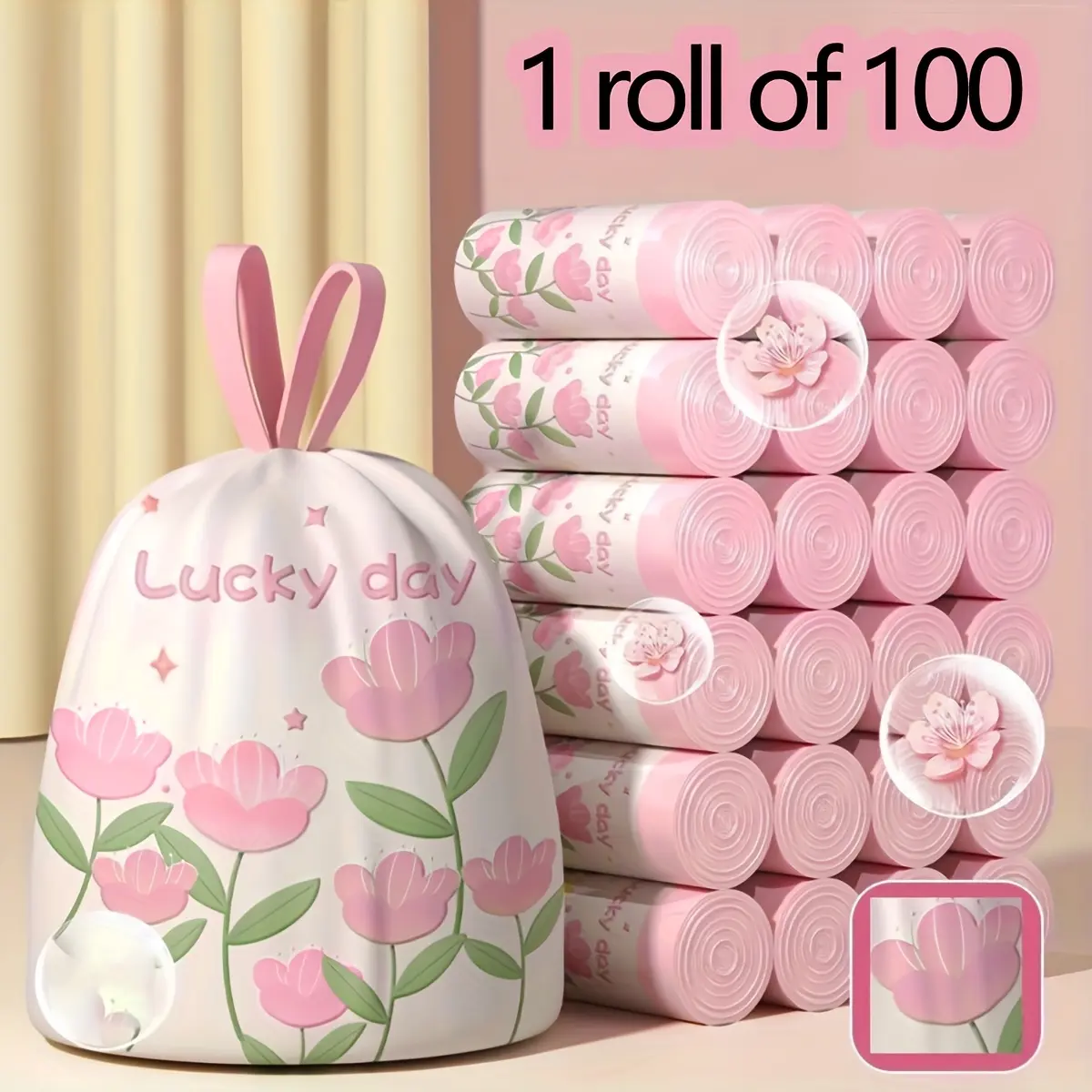 100-Count Cute Tulip Print Drawstring Plastic Trash Bags - Sturdy, No-Tear Thick Disposable Bin Bags, Includes Replacement Drawstring Trashbags for Kitchen, Bathroom Home Care Supplies