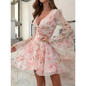 Elegant Bell Sleeve A-Line Maxi Dress with Waist-Cinching  - Semi-Sheer Summer Dress for Beach Weddings, Parties, Prom - Machine Washable Chiffon Wedding Guest Gown