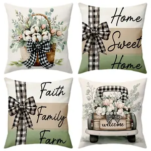 4pc Rustic Country Pillow Covers 18x18, Farmhouse Plaid Bowknot Decor, Soft Floral Car Pillows, Bedroom Porch Home Decoration Set