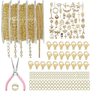 14K  Chain for  Making,16.4 ft 5 Rolls  Chains Bulk for DIY Necklace Bracelet Making Accessories with Charm Pendants Jump Rings Lobster Clasps Pliers