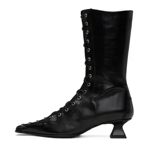 Womens Lace up 70s Witch Boots Mid Calf Kitten Heel Boots Square Toe Granny Booties Costume Shoes with Zipper