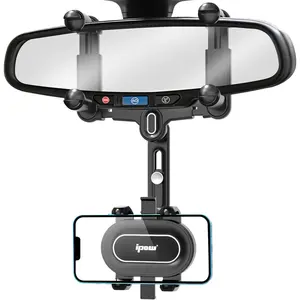 IPOW Large Rearview Mirror Phone Holder for Car 360 ° Rotatable and Retractable, 2023 Upgraded Four Corners Fixed Anti-Shake Multifunctional Design for Car Rearview Mirror with Button