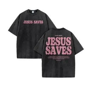 Unisex Jesus Saves Print Acid Washed T-shirt