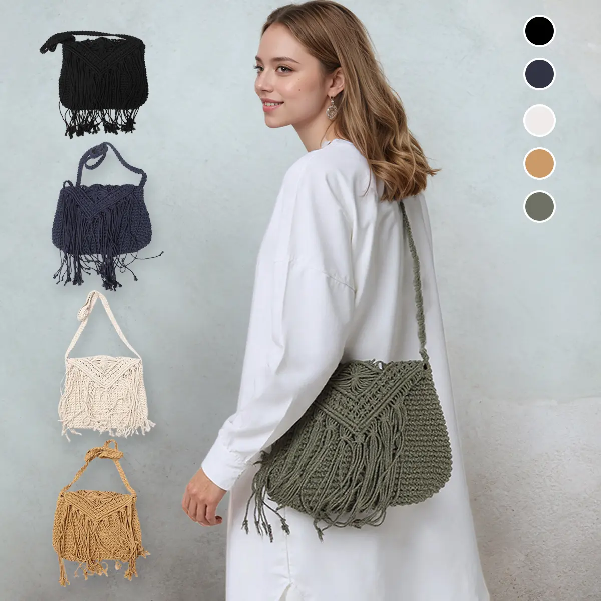 Women's Boho Macrame Crossbody Bag - Lightweight Woven Cotton Rope Shoulder Purse with Zipper, Shoulder Strap, Macrame Fringe, Zip Closure for Summer Beach, Casual Travel, Machine Washable, Holiday