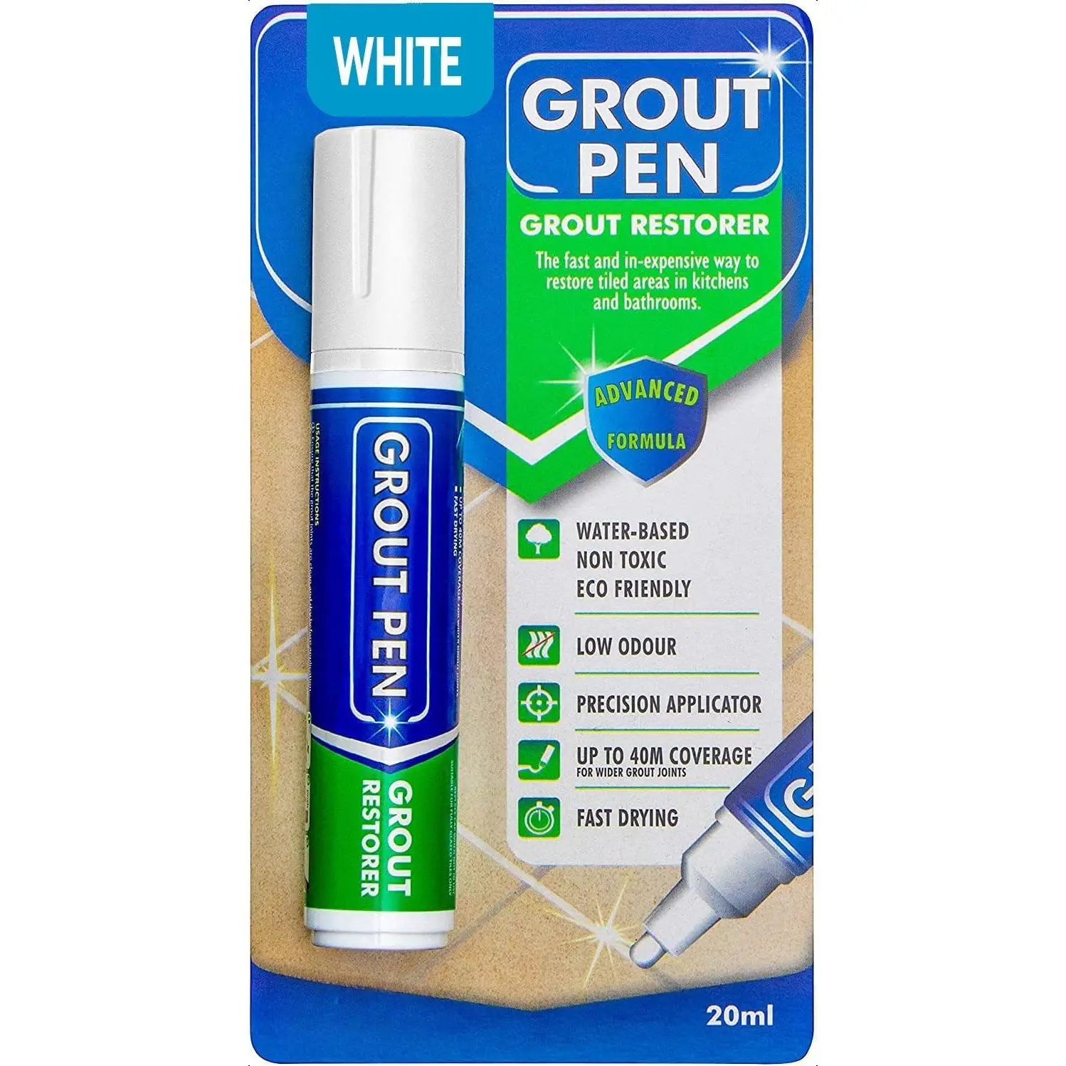 Grout Pen White Tile Paint Marker: Waterproof Grout Paint, Tile Grout Colorant and Sealer Pen - White, Wide 15mm Tip (20mL)