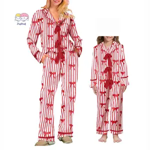 Mommy and Me Matching Pajamas Bow/Heart Print Tie Front Long Sleeve Tops and Long Pants Set Family Matching Sleepwear