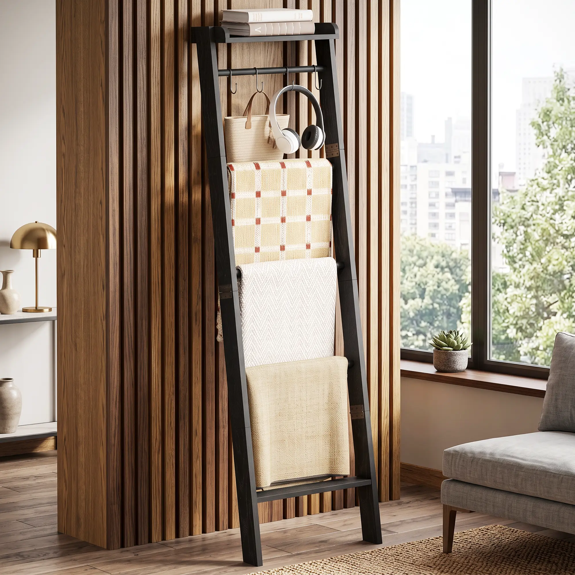 Hzuaneri Blanket Ladder Shelf, Decorative Quilt Rack, Tier Farmhouse Ladder Holder Organizer with Removable Hooks