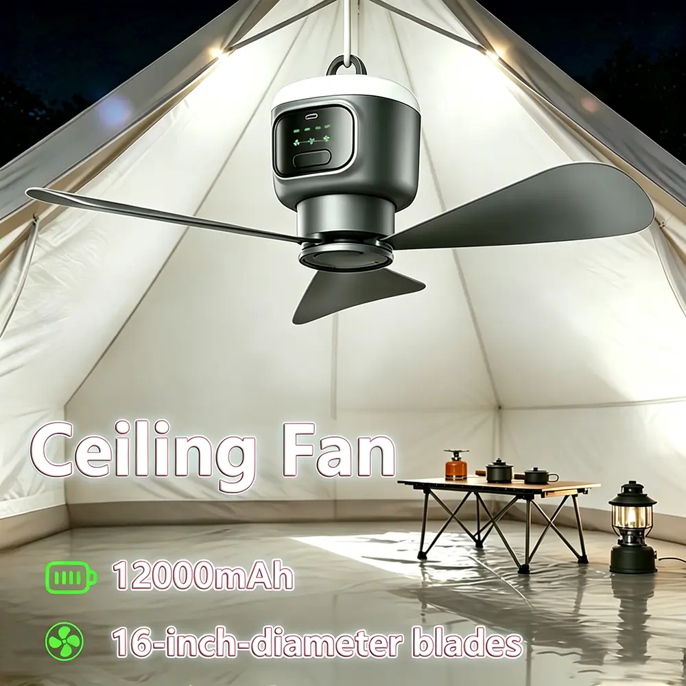 Portable Ceiling Fan with Light with Remote Control and Hanging Hook, 12000mAh, Easy Operation Battery Powered Fan Light for Gazebo, Tent, Patio, Camping, Gray,dorm essentials,home essentials