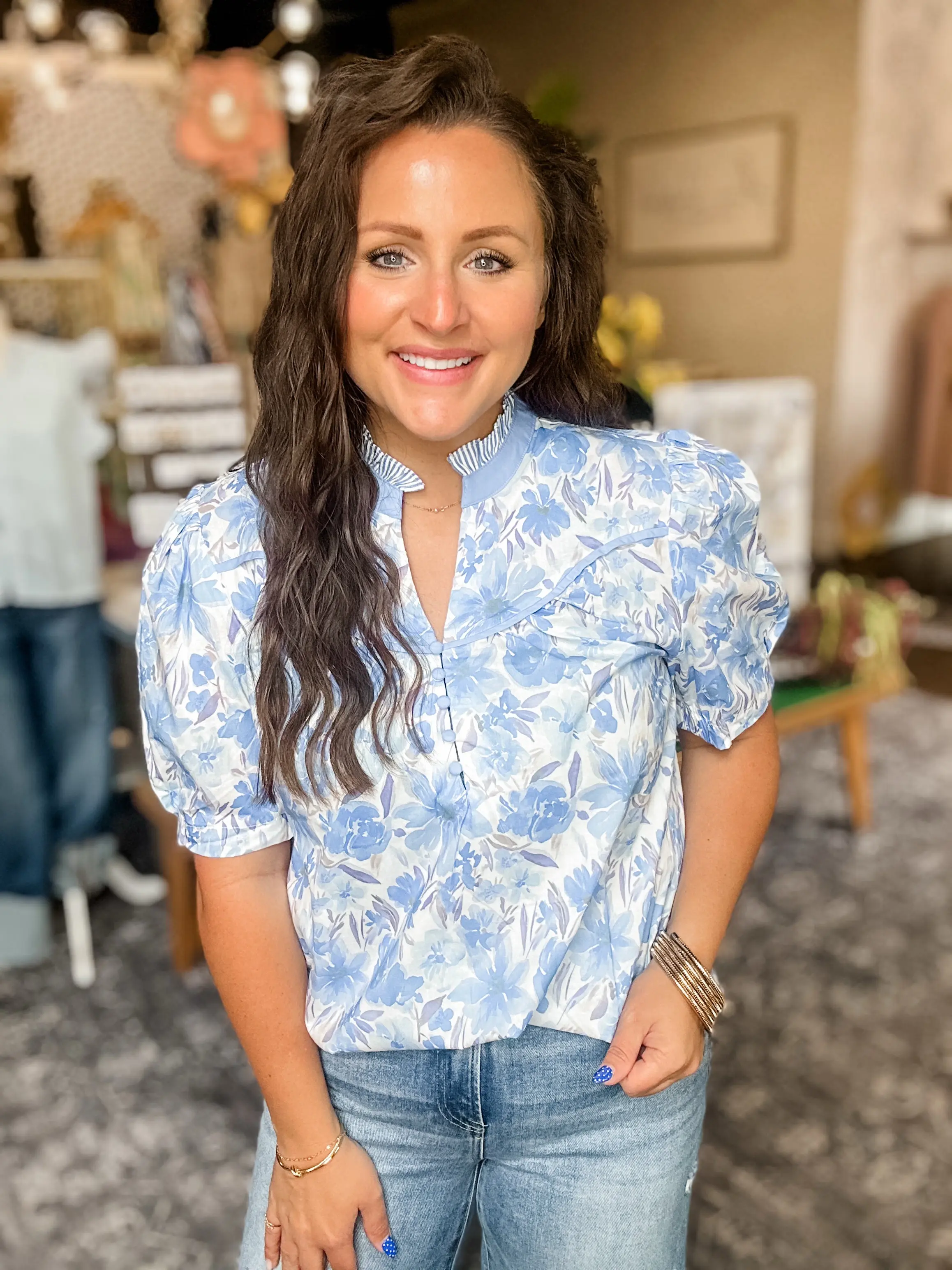 Blue Blossom Ruffle Collar Blouse