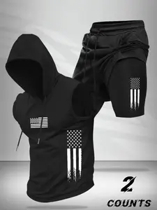 Men's Fashionable 2-Piece Set Activewear with Flag Print Hooded Sleeveless Vest, Casual Drawstring Waist Basketball Shorts, Comfortable Gift for Friends & Family