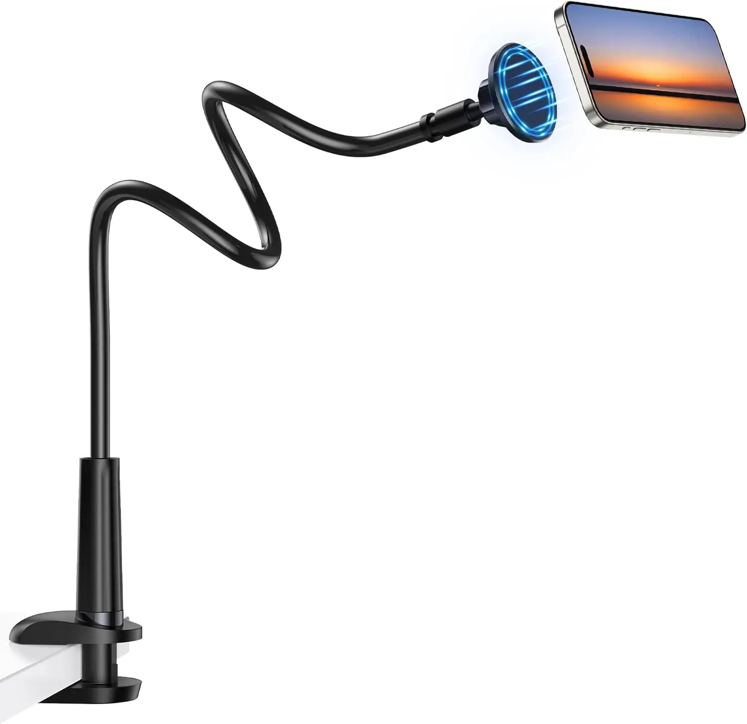 Gooseneck Magnetic Cellphone Mount, Aluminum Alloy Adjustable Long Flexible Arm, Sponge Pad, 360° Rotator Stand for iPhone & Android Smartphones, Daily Tech Accessory for Bed, Desk Filming