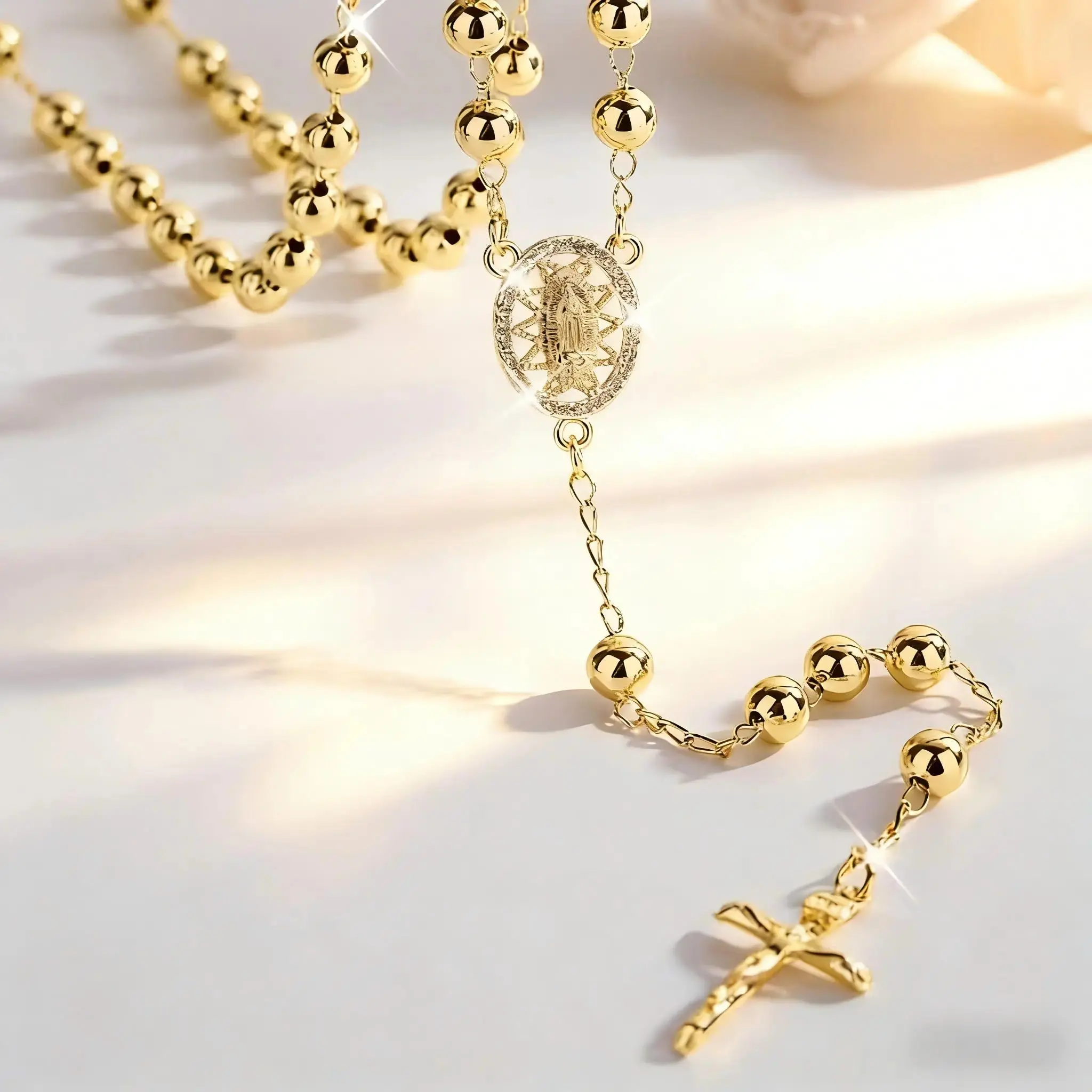 Unisex Religious Rosary Necklace with Gold-Plated Hollow Virgin Guadalupe Pendant & Cross, 6mm Beads, Auspicious Christmas Gift, Funky, Commute, Casual, Ceremony, Meaningful Gift, Everyday, Pvc, Daily
