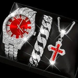 [Punk Style Watch Set] 3pcs Men's Punk Style Watch & Jewelry Set | Accent Fashion Watch with Cross Pendant Necklace & Cuban Chain Bracelet - Hip Hop Gift for Holidays & Casual Wear wed gift Halloween Mystery Surprise Advent