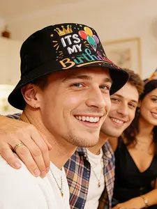 1PC colorful birthday letter pattern fisherman hat for men and women, featuring fashionable and casual printed party bucket hat design. Suitable for birthday celebrations, photography and outdoor activities.