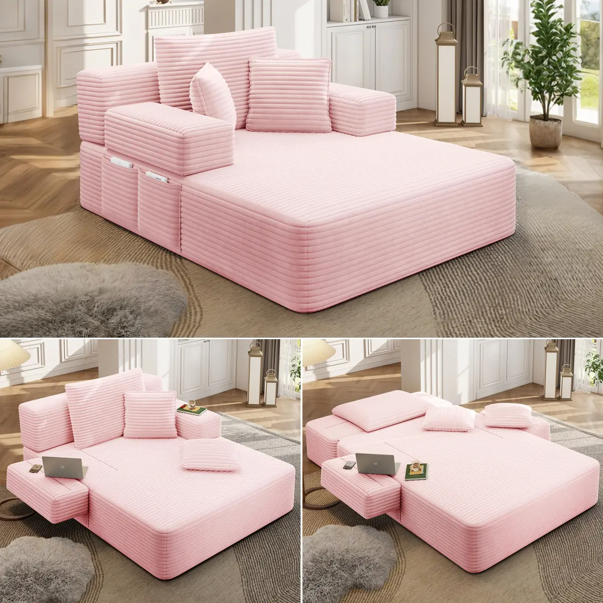 Aobtkel Oversized Corduroy Chaise Lounge Sofa Bed, 2-in-1 Convertible Boneless Sleeper Couch with Deep Seat, Pocket Spring & High-Density Foam, Wide Armrests, Side Storage Pocket & Pillows, No Assembly for Apartment, Guest Room, Baby Pink