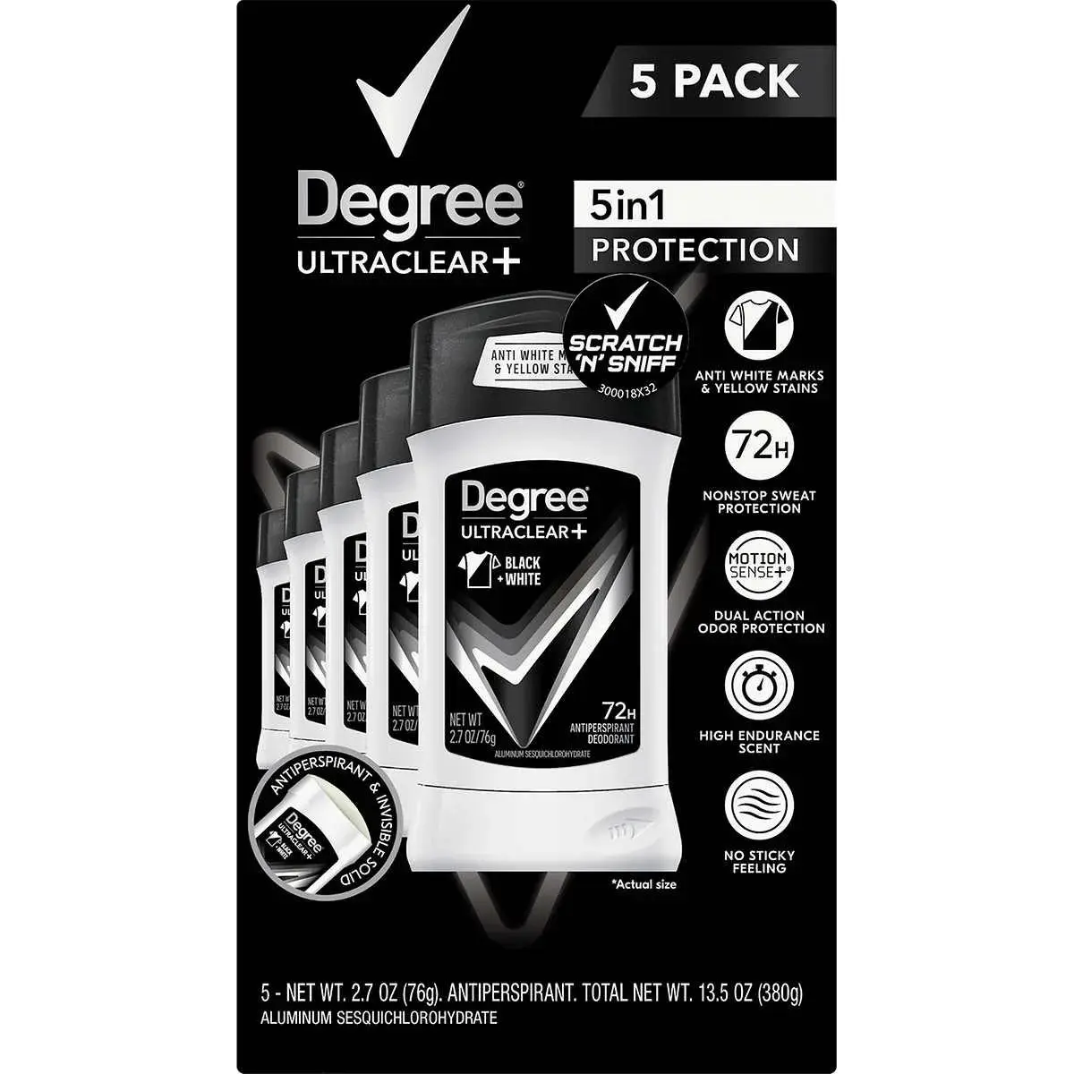 Degree Men Ultra Clear Antiperspirant Deodorant - Black & White, 2.7oz (5 Count), 5in1 Protection, 72h Long Lasting Fresh Sweat Protection, High Endurance Scent, Male Daily Care