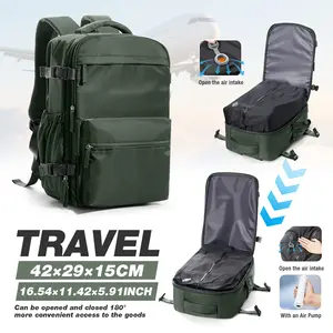 Vacuum compression sealed travel backpack, unisex design, carry-on luggage size approved for air travel, portable travel backpack with pump and vacuum system, black/green/gray-brown