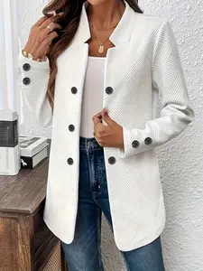 Women's Autumn Pure Color Mid-Length Loose-Fit Office Jacket, Casual Commuter Blazer with Double Buttons, Stylish Lapel Coat