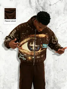 Men's Street Life Casual Fashion Men's Eye Minimalist Graphic Galaxy Printed Long Sleeve Zip Up Hooded Sweatshirt, Fall Winter