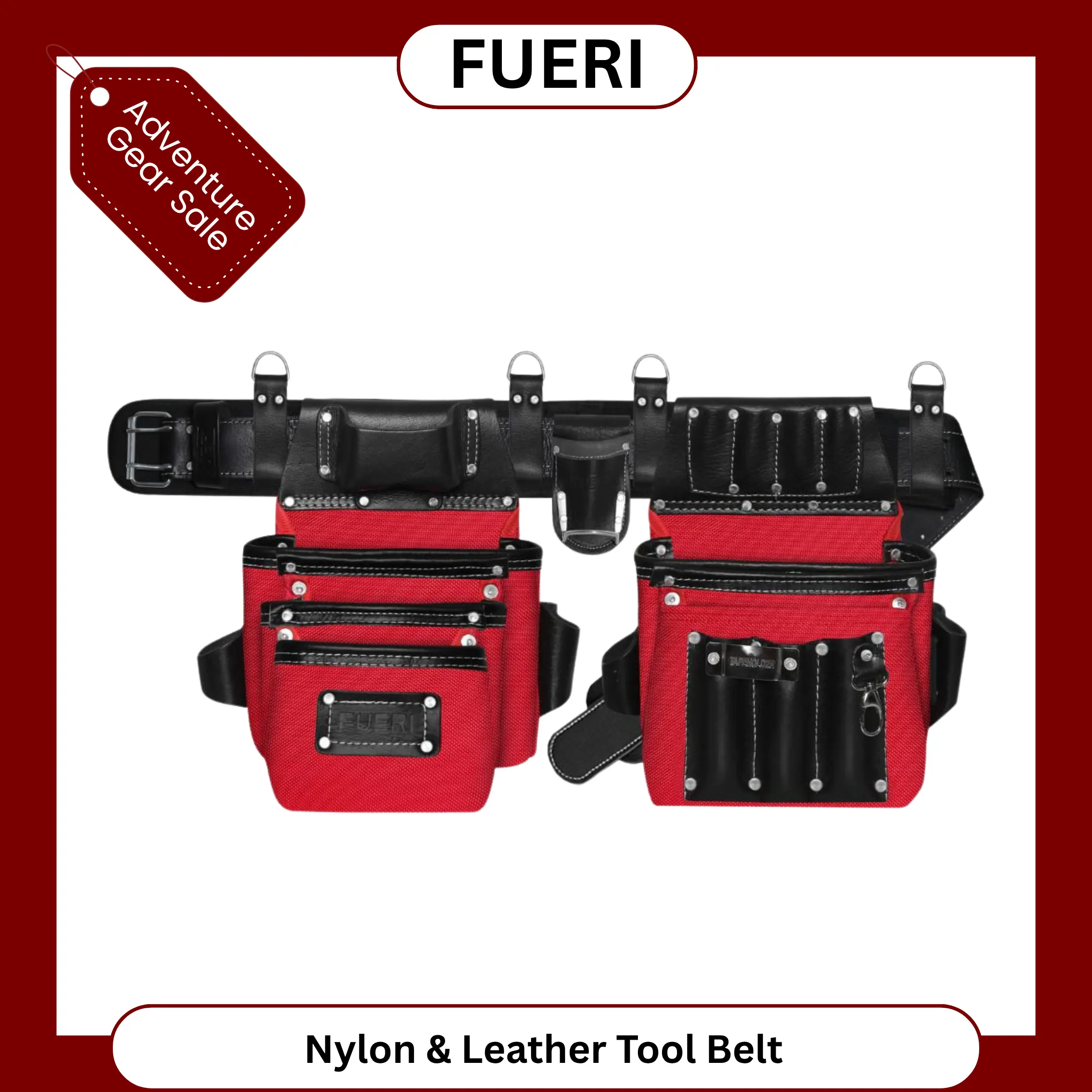 FUERI Tool Belt for Men, Heavy Duty Nylon and Leather 26 Pockets Red comes with Comfort Padded Belt,Spacious Pouches,Hammer Holder and Suspender Loops and 2 Suspender bundle styles for Carpenter Construction Electrician