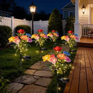 8 Pack Solar Rose Garden Lights, Multicolor Artificial Flower Stake Lights for Beautiful Yard and Patio Decor