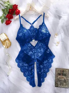 Blue Plus Size Lace Feminine Lingerie Sleepwear Set, Sexy Patchwork Design, Slim Fit V Neck Nightgown & Mesh Pajamas, Perfect Gift for Valentine's Day